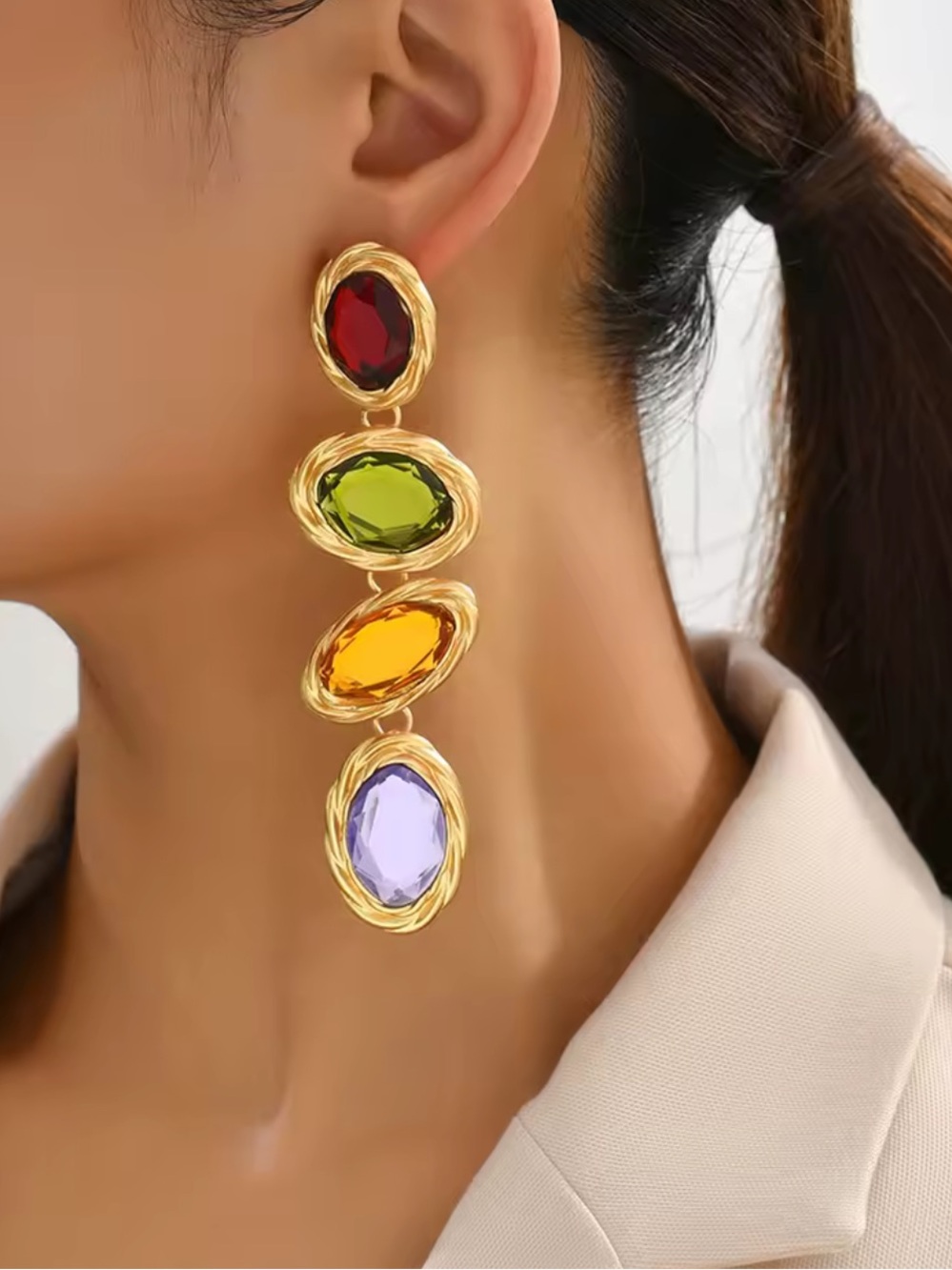 Goldtone Drop Earrings with Red, Yellow, Orange & Purple Stones - Picture 3 of 9